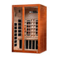 Golden Designs Santiago 2-person far-infrared sauna with orange exterior, glass doors, natural wood interior, and infrared he