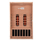 Cedar wood far-infrared sauna cabin with two front-facing heating panels containing glowing orange infrared heaters, viewed f