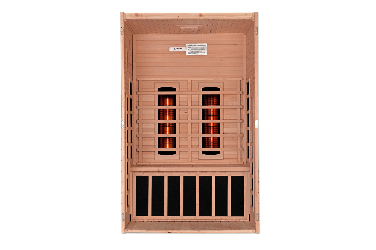 Cedar wood far-infrared sauna cabin with two front-facing heating panels containing glowing orange infrared heaters, viewed f