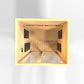 Golden Designs Santiago 2-person far-infrared sauna with light wood interior, black vents, and yellow border frame, overhead 
