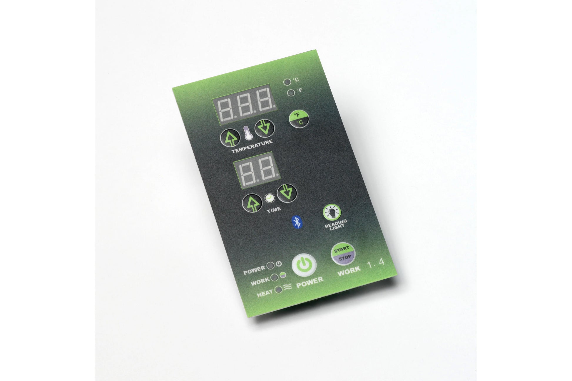 Green and black digital sauna control panel with temperature and time displays, buttons for heat, power, and work settings on