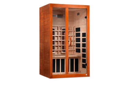 Golden Designs Santiago 2-person far-infrared sauna with orange frame, wood interior, glass doors, and black heating panels
