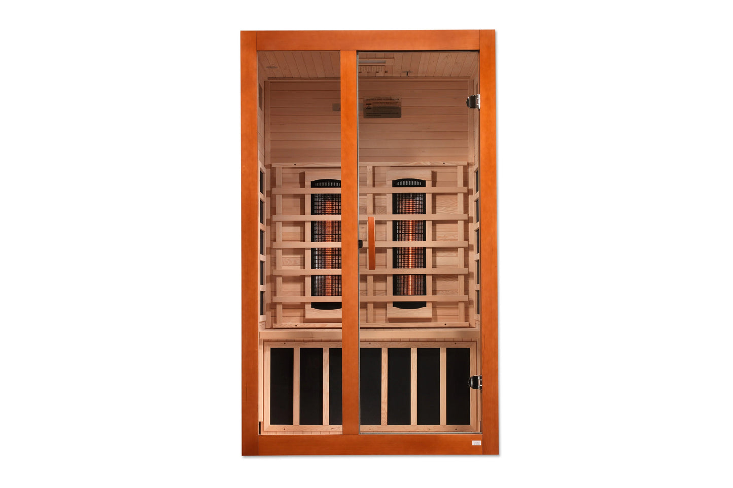 Orange-framed two-person infrared sauna with light wood interior, glass front doors, multiple heating elements, and black ven