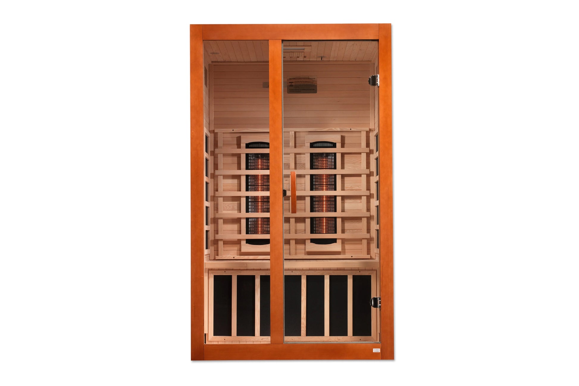Orange-framed two-person infrared sauna with light wood interior, glass front doors, multiple heating elements, and black ven