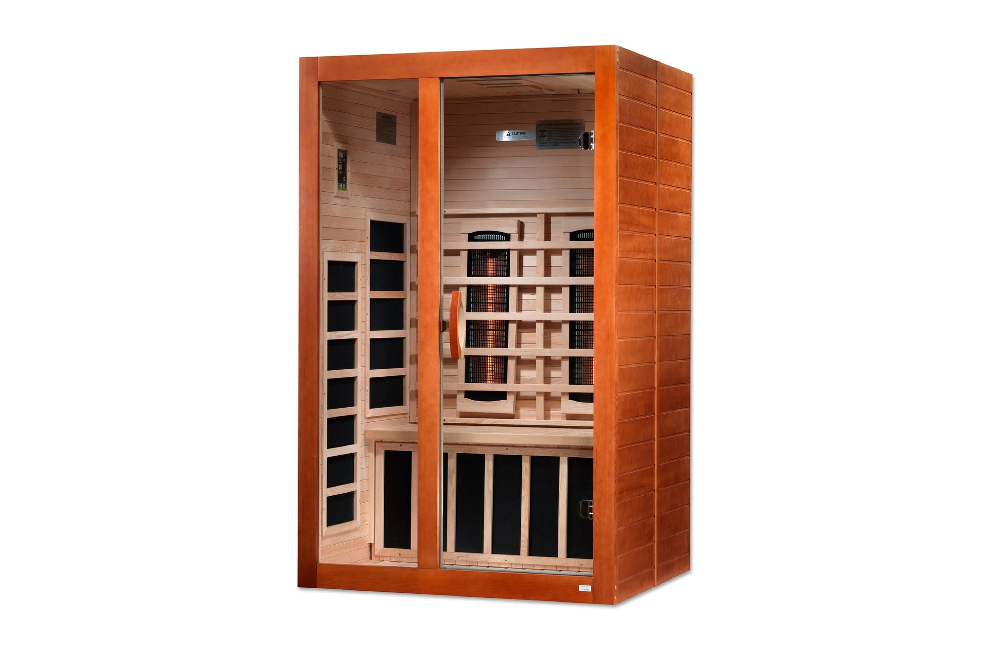 Orange-red wooden sauna cabin with glass double doors, natural wood interior, multiple infrared heater panels, and control pa
