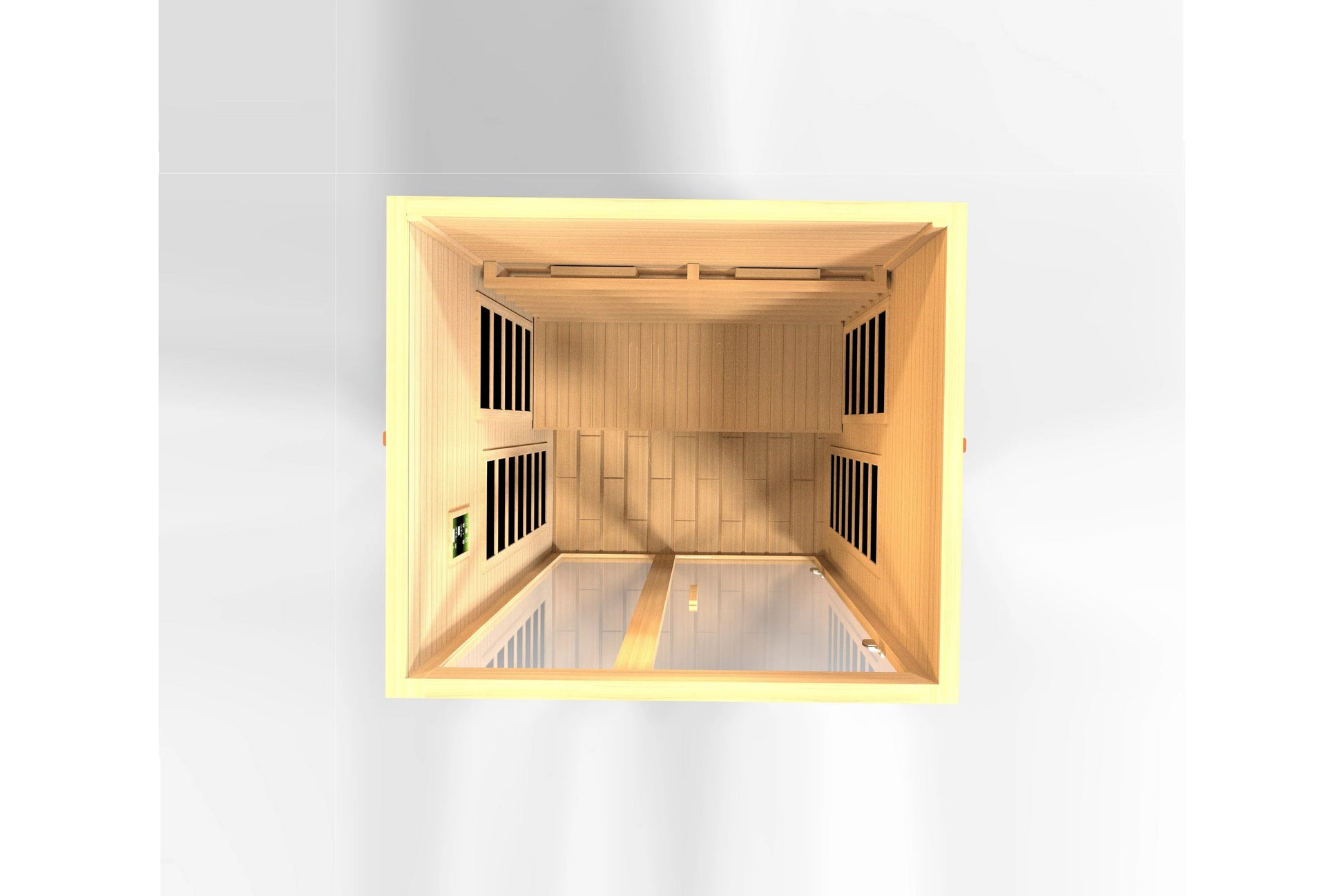 Golden Designs Santiago Elite 2-person sauna with natural wood interior, four black vented windows, and yellow trim viewed fr