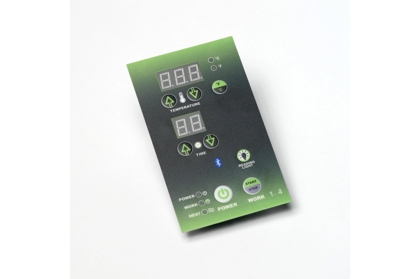 Green and black digital control panel with dual LED display screens, temperature and time settings, Bluetooth icon, power but