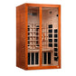 Orange and wood far-infrared sauna cabin with glass door, ceramic heaters, and bench seating on white background