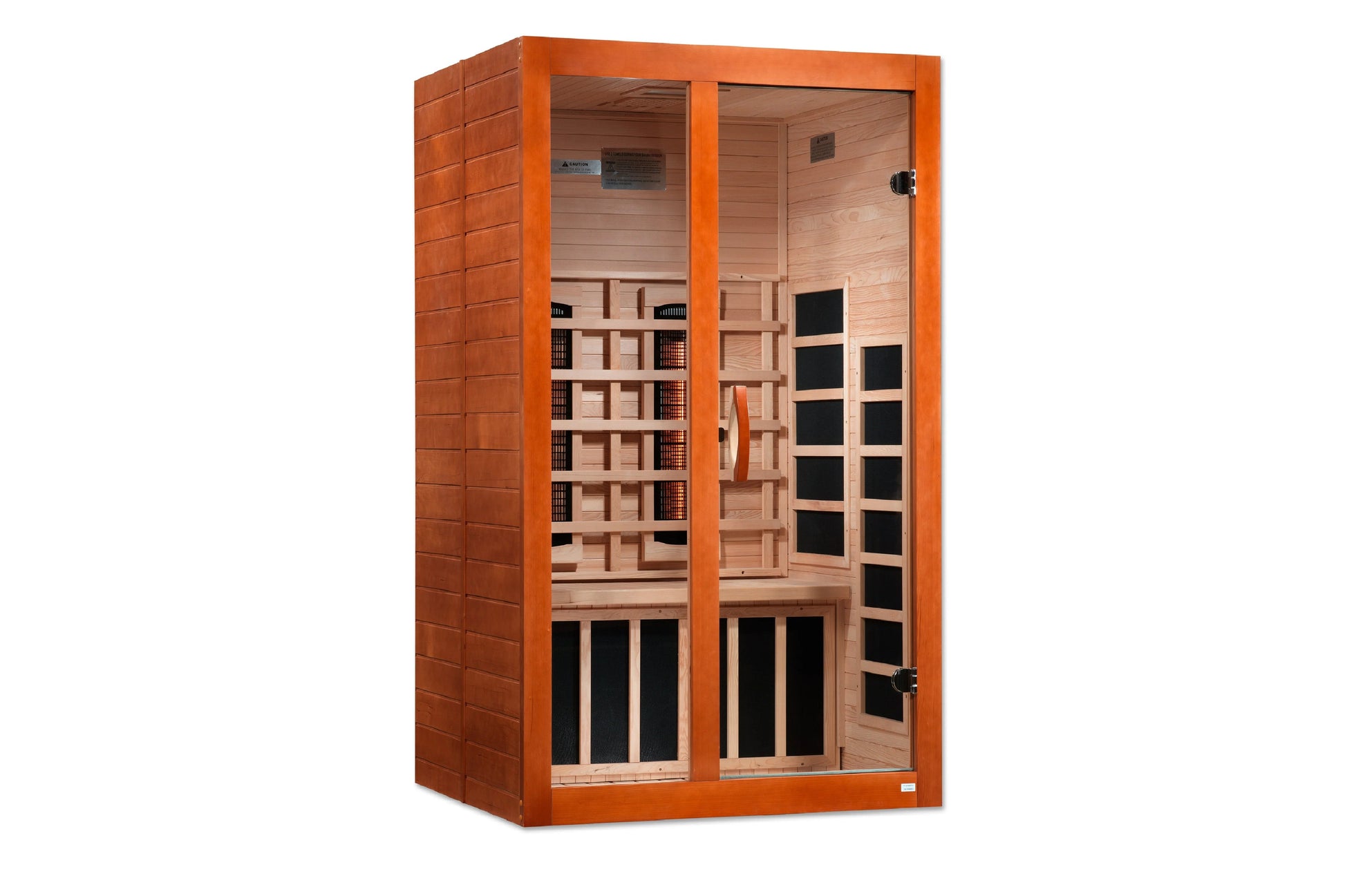 Orange and wood far-infrared sauna cabin with glass door, ceramic heaters, and bench seating on white background