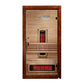 Golden Designs Santorini infrared sauna with dark wood exterior, light wood interior, red heating elements, and glass door on