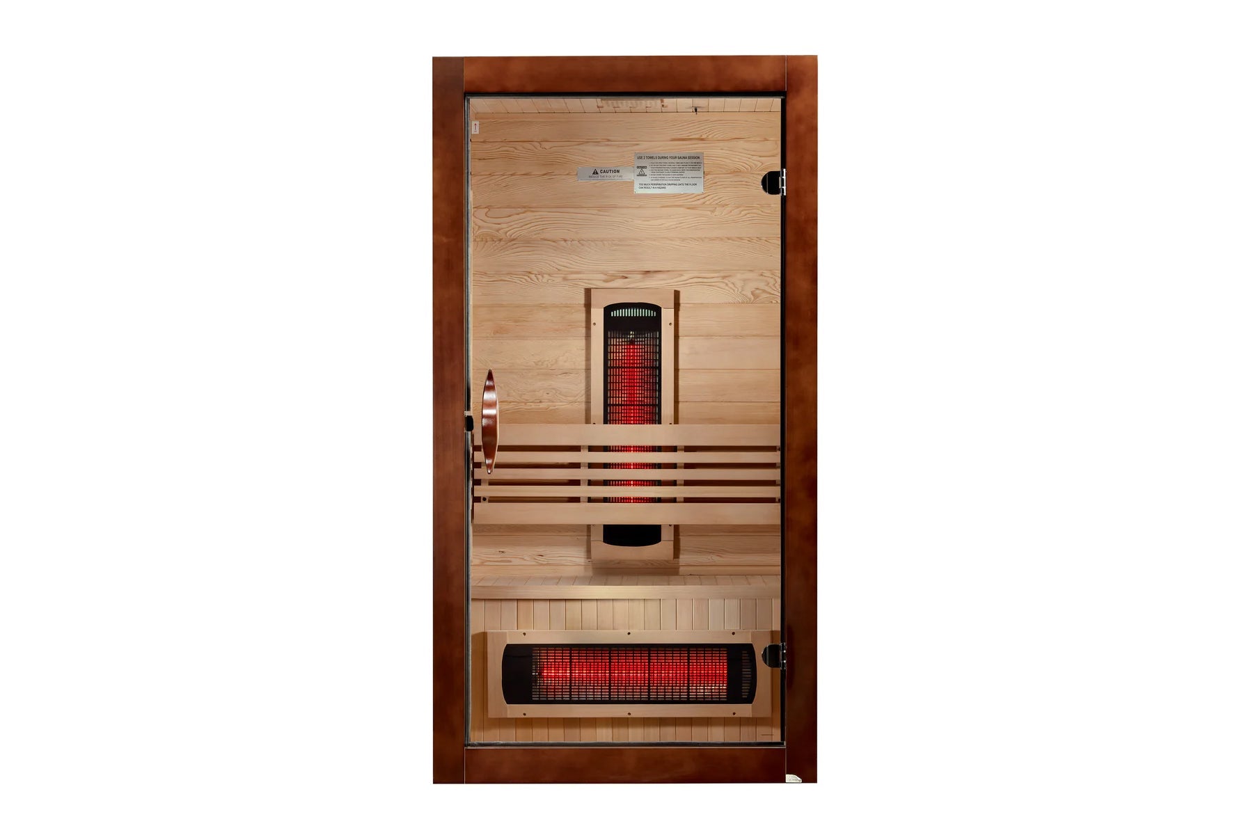 Golden Designs Santorini infrared sauna with dark wood exterior, light wood interior, red heating elements, and glass door on