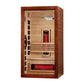 Santorini infrared sauna with reddish-brown exterior frame, light wood interior, dual red heating elements, and control panel