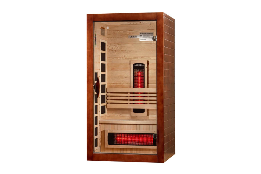 Santorini infrared sauna with reddish-brown exterior frame, light wood interior, dual red heating elements, and control panel