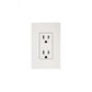 White duplex outlet with two receptacles mounted on off-white wall plate