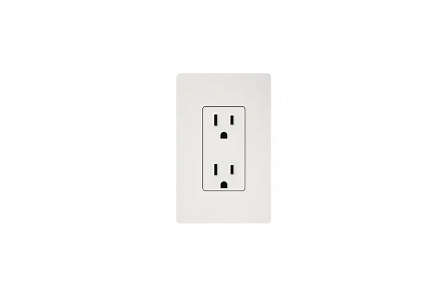White duplex outlet with two receptacles mounted on off-white wall plate