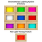 Chromotherapy lighting system with 9 color options in natural wood frame, displaying yellow, green, magenta, white, blue, red
