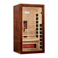 Santorini one to two person infrared sauna with rich mahogany exterior, light wood interior, red heating elements, and black 