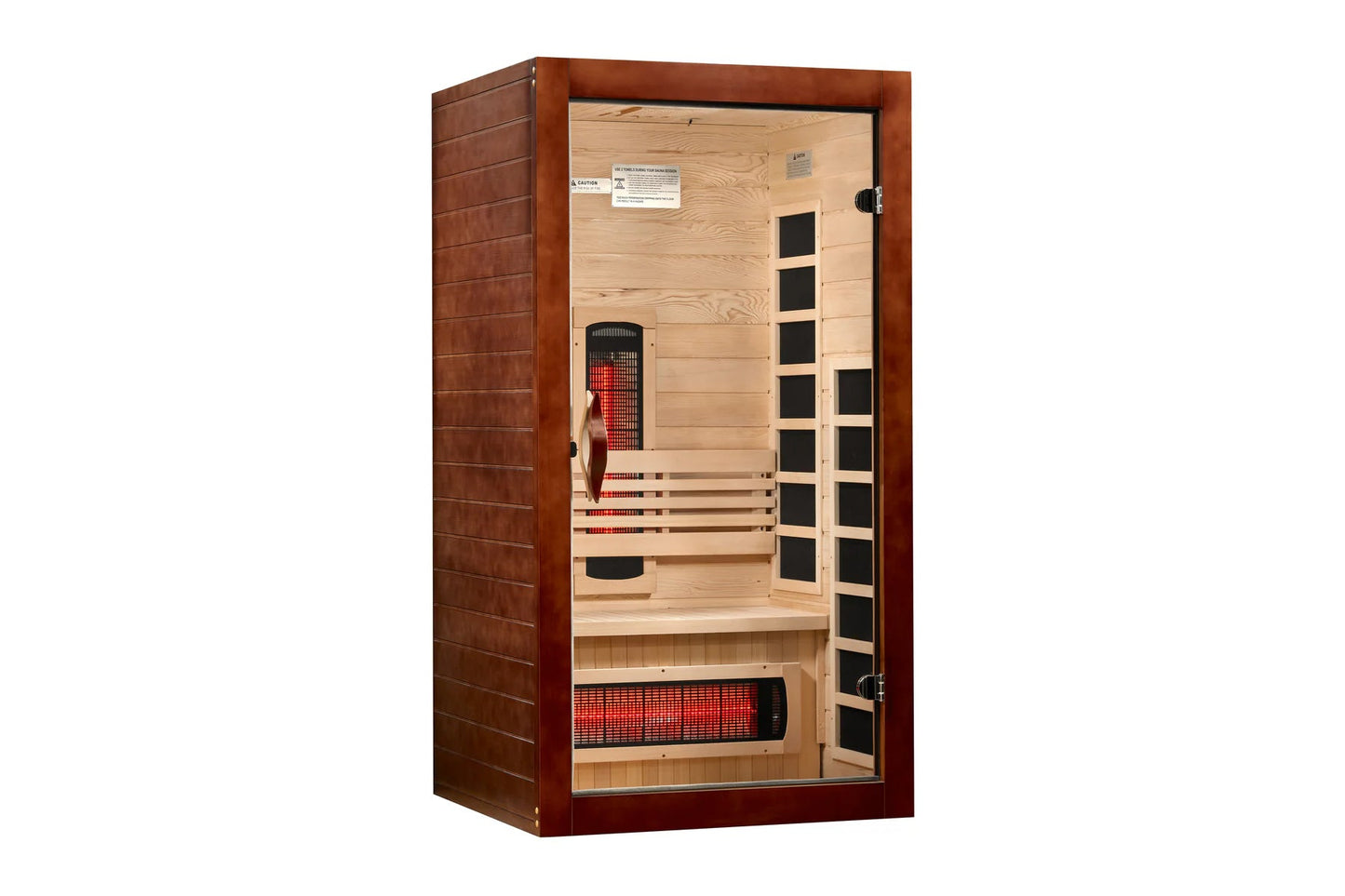 Santorini one to two person infrared sauna with rich mahogany exterior, light wood interior, red heating elements, and black 