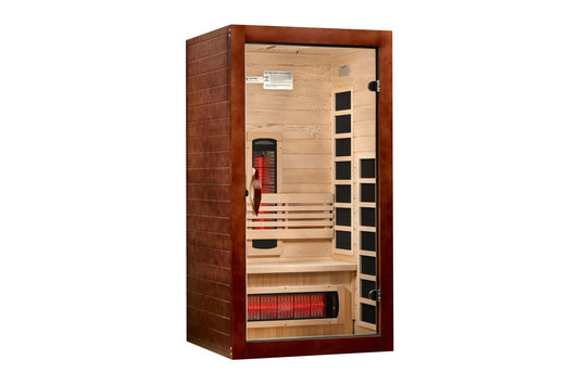 Santorini one to two person infrared sauna with rich mahogany exterior, light wood interior, red heating elements, and black 