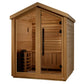 Golden Designs Savonlinna three-person cedar sauna with glass doors, interior benches, and LED lighting on white background