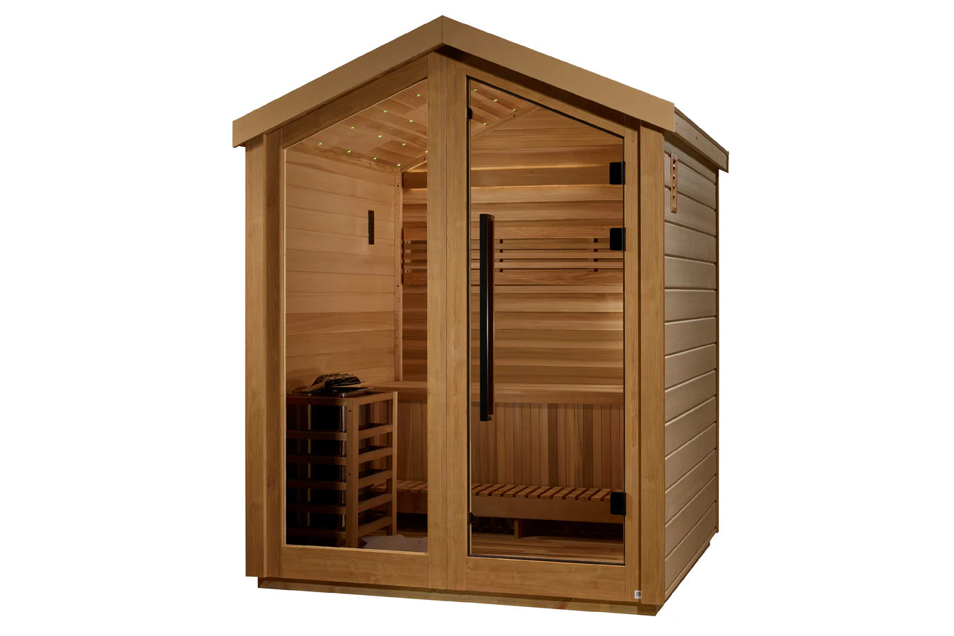 Golden Designs Savonlinna three-person cedar sauna with glass doors, interior benches, and LED lighting on white background