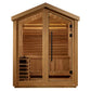 Golden Designs Savonlinna 3-person outdoor sauna with light wood cedar exterior, glass double doors, interior benches, and ov