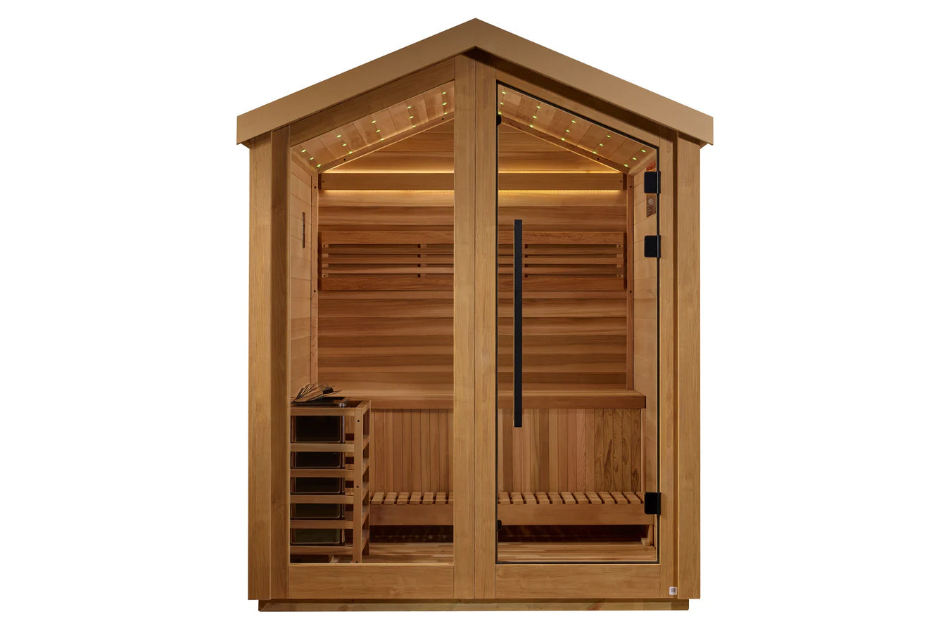 Golden Designs Savonlinna 3-person outdoor sauna with light wood cedar exterior, glass double doors, interior benches, and ov