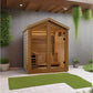 Golden Designs Savonlinna 3-person outdoor traditional sauna with wood construction, glass door, and bench seating in backyar