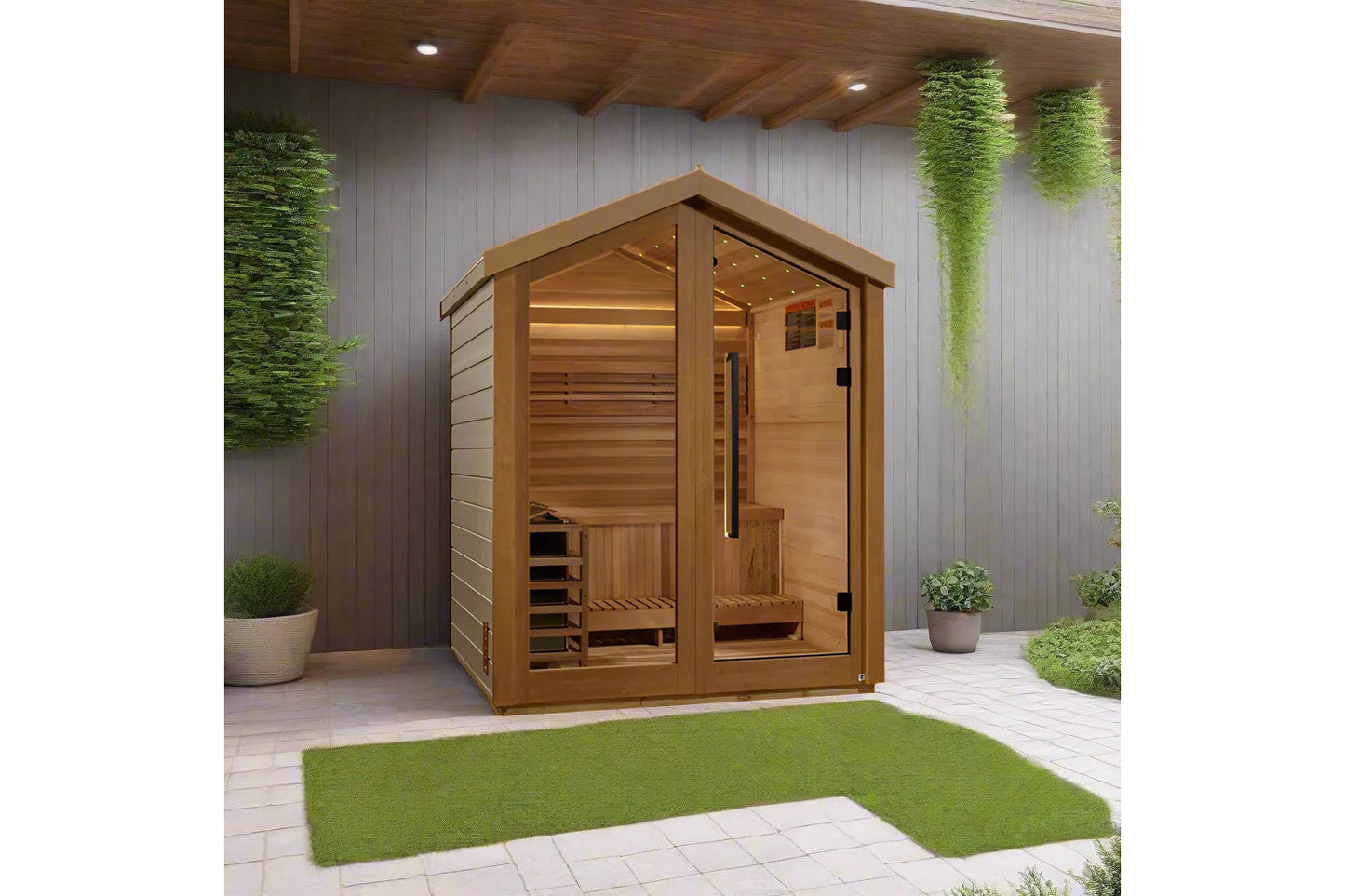 Golden Designs Savonlinna 3-person outdoor traditional sauna with wood construction, glass door, and bench seating in backyar
