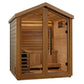 Golden Designs Savonlinna 3-person outdoor traditional sauna with cedar wood construction, glass front door, and interior ben