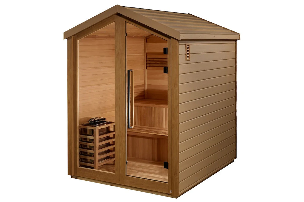 Golden Designs Savonlinna 3-person outdoor traditional sauna with cedar wood construction, gabled roof, glass door, and inter