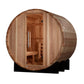 Golden Designs St. Moritz 2-person traditional barrel sauna with cedar wood construction and open door showing interior bench