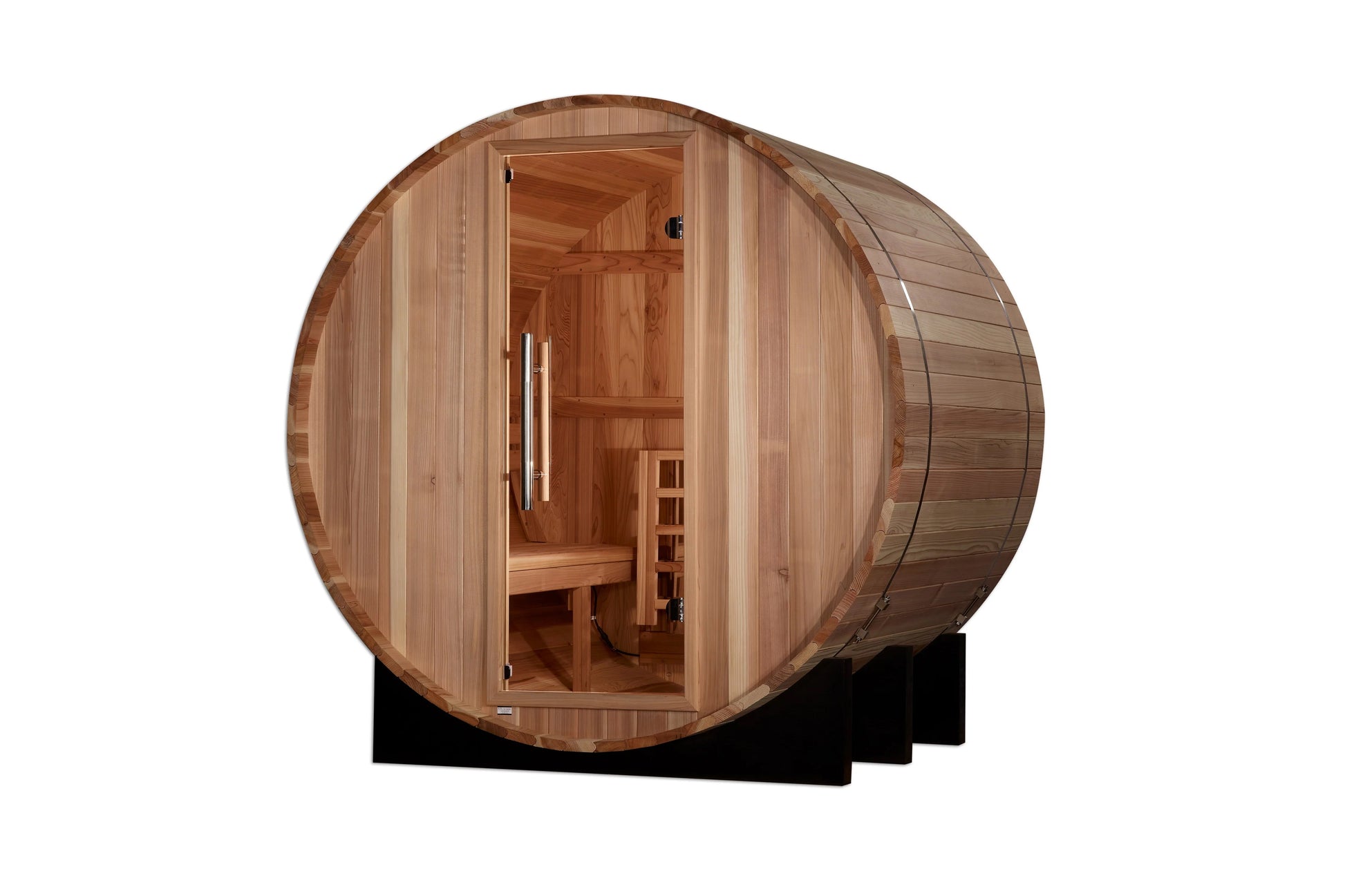 Golden Designs St. Moritz 2-person traditional barrel sauna with cedar wood construction and open door showing interior bench