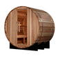 Golden Designs St. Moritz 2-person barrel sauna with cedar wood construction and open door showing interior benches on white 