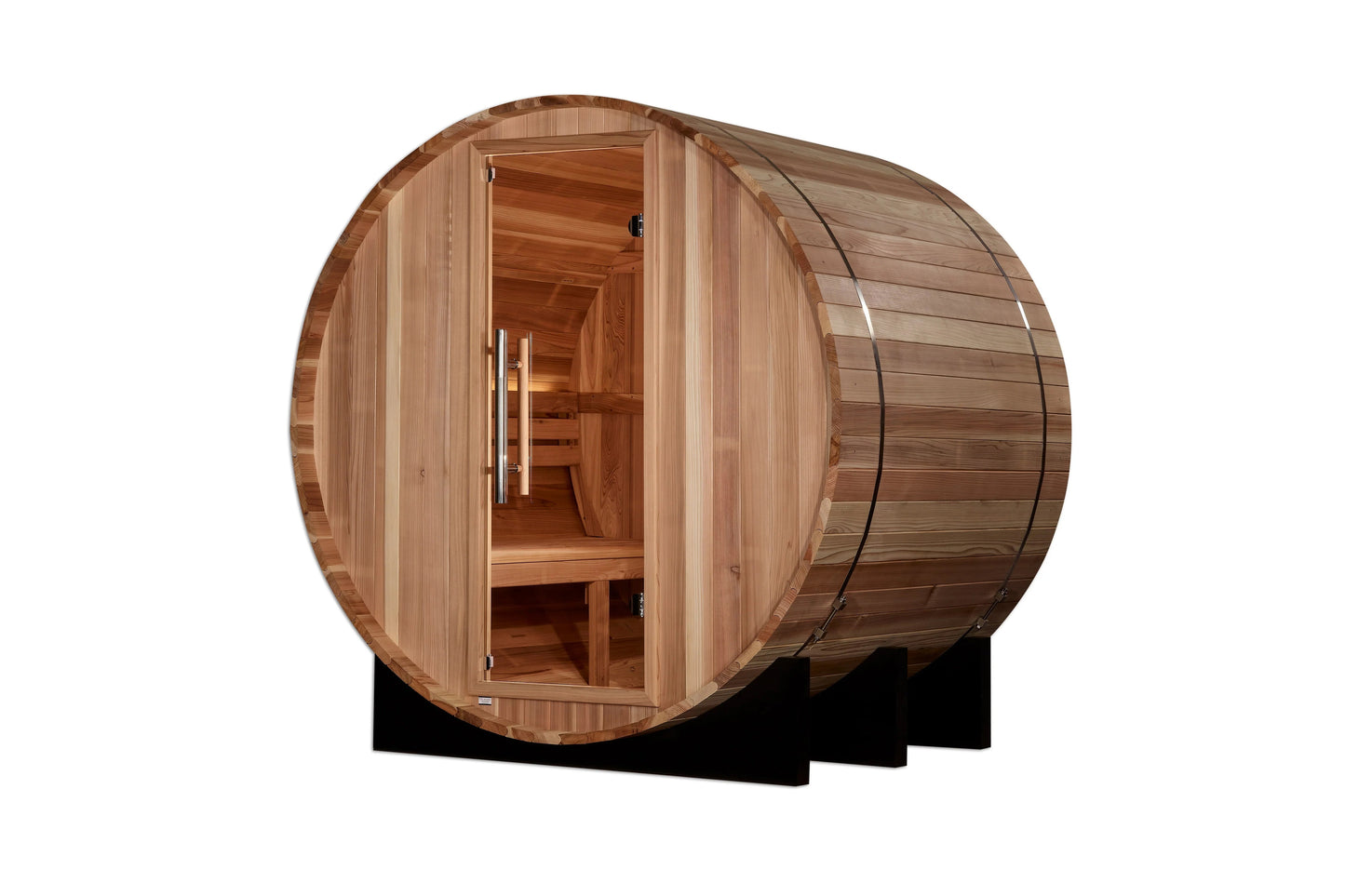 Golden Designs St. Moritz 2-person barrel sauna with cedar wood construction and open door showing interior benches on white 