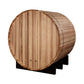 Golden Designs St. Moritz 2-person traditional barrel sauna with light wood construction on black stand, white background
