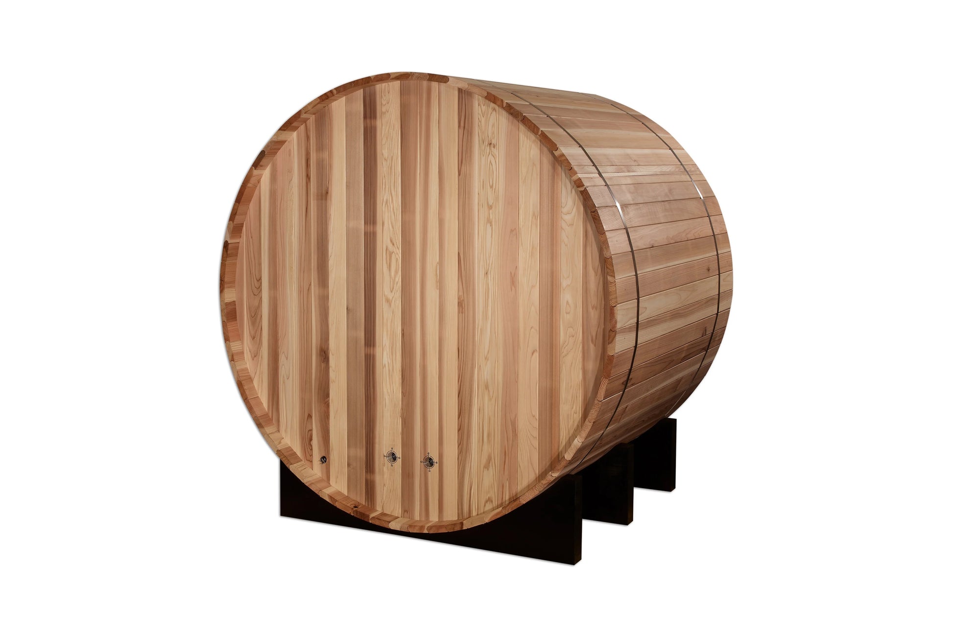 Golden Designs St. Moritz 2-person traditional barrel sauna with light wood construction on black stand, white background