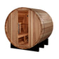 Golden Designs St. Moritz barrel sauna with cedar wood construction, open door showing interior benches, on black support fra