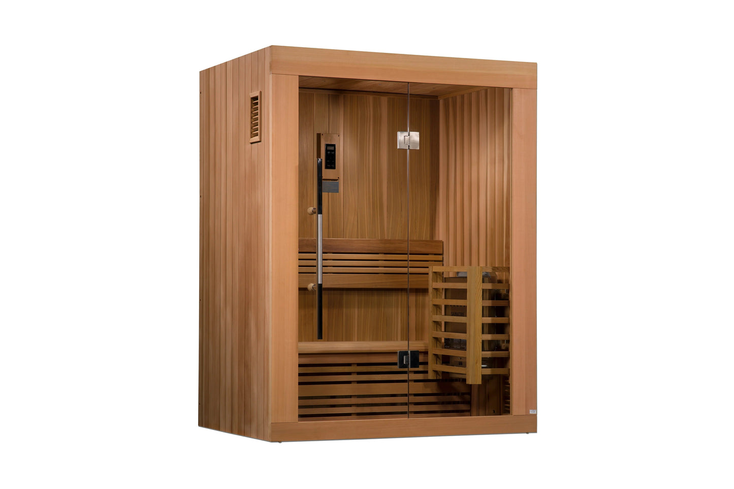 Golden Designs Sundsvall 2-person indoor/outdoor sauna with cedar wood construction and glass door, shown on white background