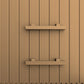 Two natural wood shelves mounted on vertical wooden sauna wall paneling
