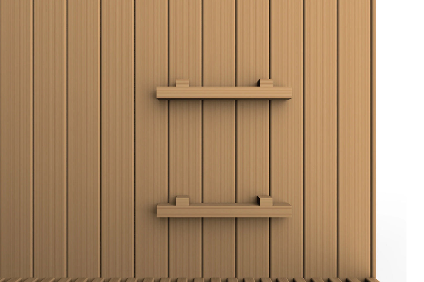 Two natural wood shelves mounted on vertical wooden sauna wall paneling