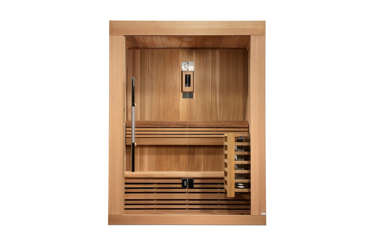 Golden Designs "Sundsvall" 2-person traditional sauna with cedar wood interior, glass door, control panel, and built-in bench