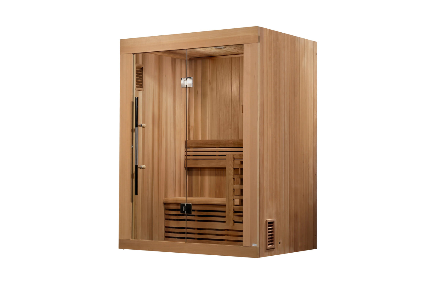 Golden Designs Sundsvall 2-person traditional sauna with light cedar wood construction, glass door, and wooden bench interior