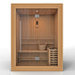 Golden Designs Sundsvall 2-person traditional sauna with light wood interior, tiered benches, wooden bucket, and recessed lig