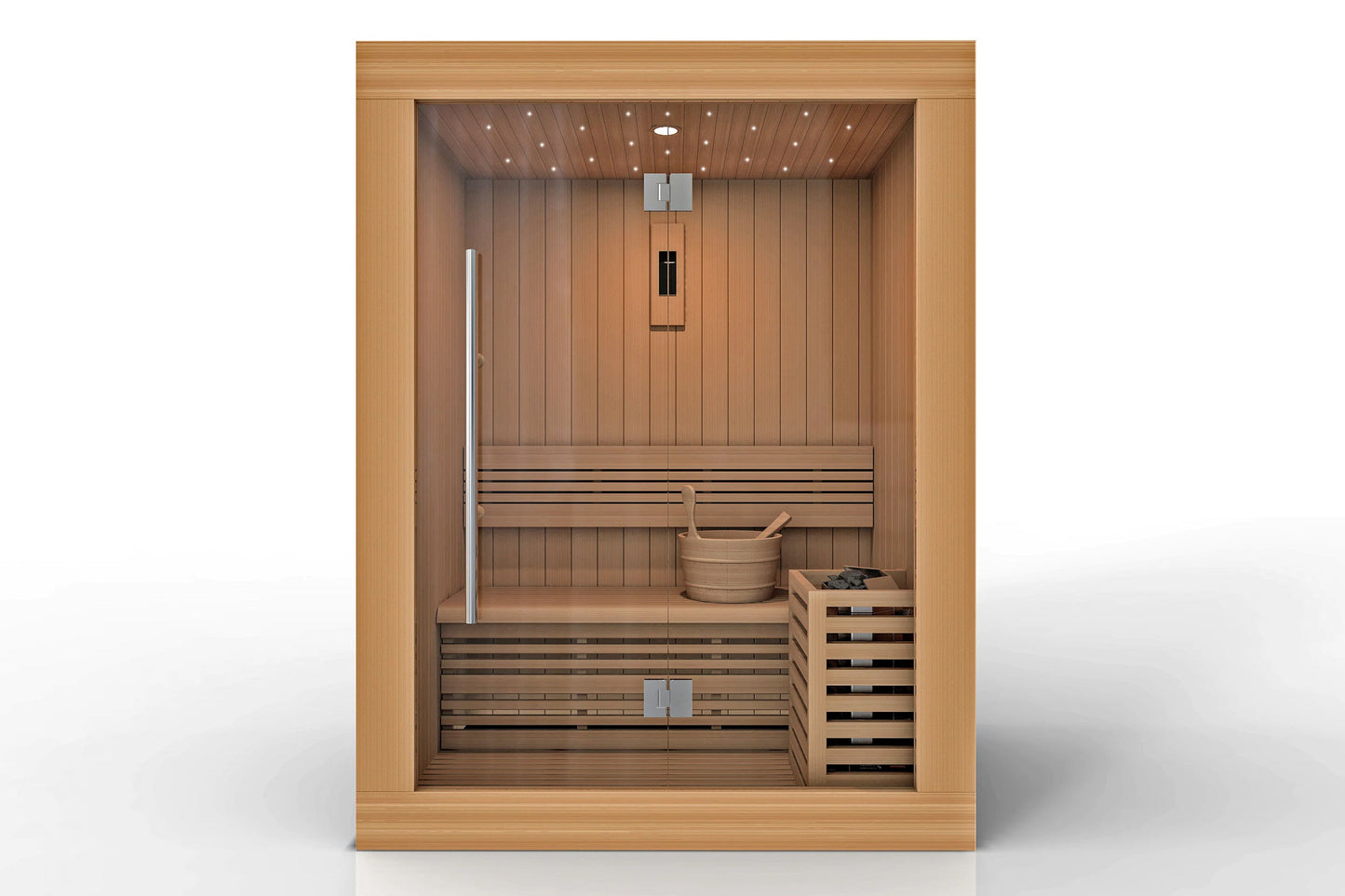 Golden Designs Sundsvall 2-person traditional sauna with light wood interior, tiered benches, wooden bucket, and recessed lig