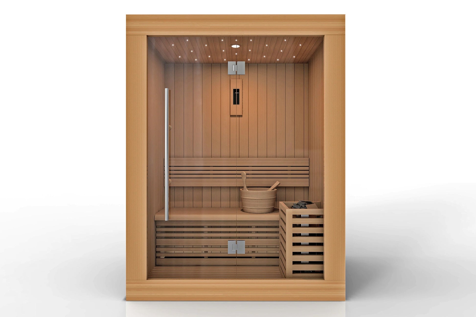 Golden Designs Sundsvall 2-person traditional sauna with light wood interior, tiered benches, wooden bucket, and recessed lig