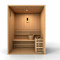 Golden Designs Sundsvall 2-person indoor/outdoor traditional sauna with light wood construction, tiered benches, wooden bucke