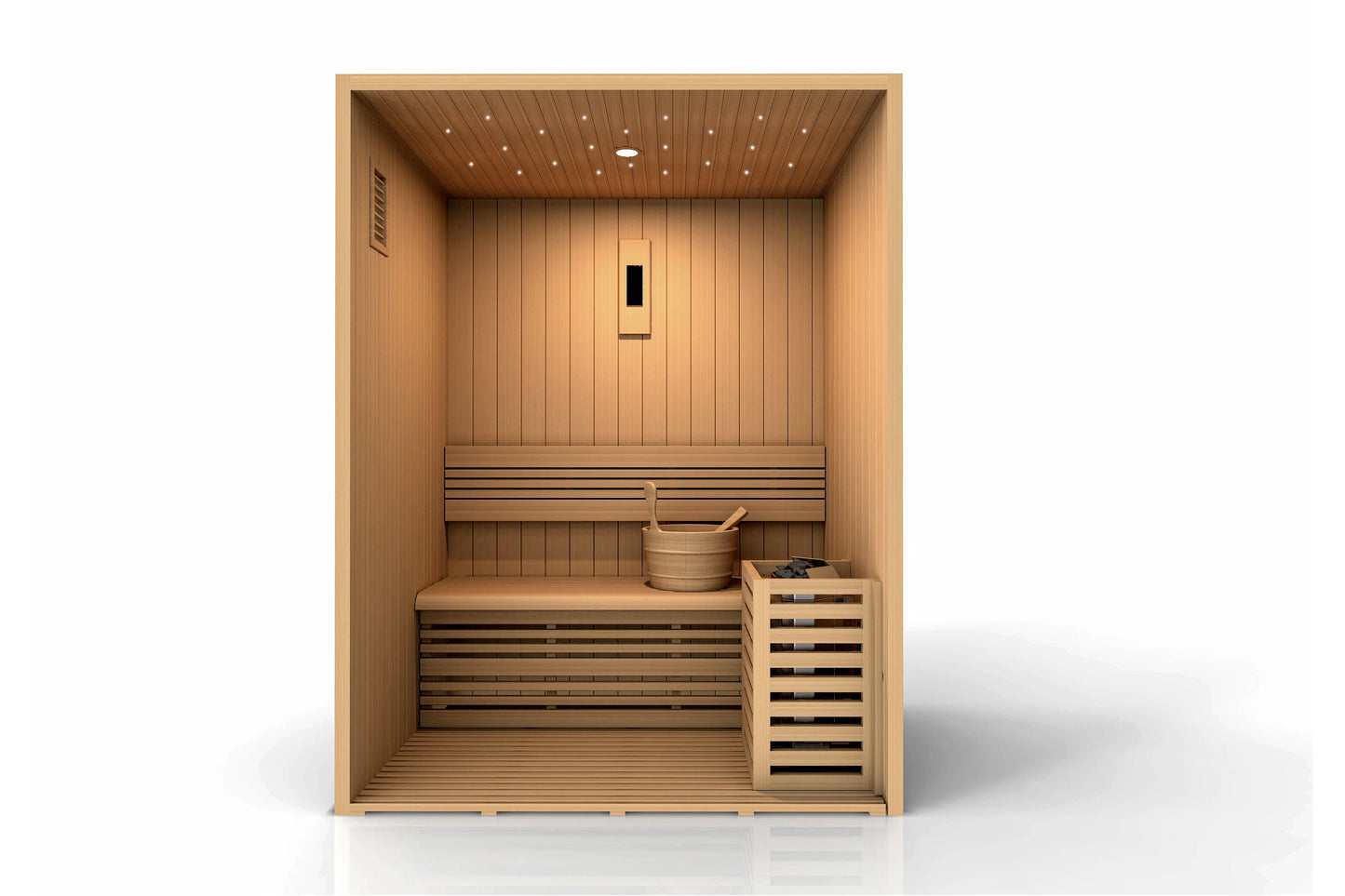 Golden Designs Sundsvall 2-person indoor/outdoor traditional sauna with light wood construction, tiered benches, wooden bucke