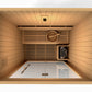 Golden Designs Sundsvall 2-person sauna interior overhead view, showing light wood paneling, bench seating, heating stove, an