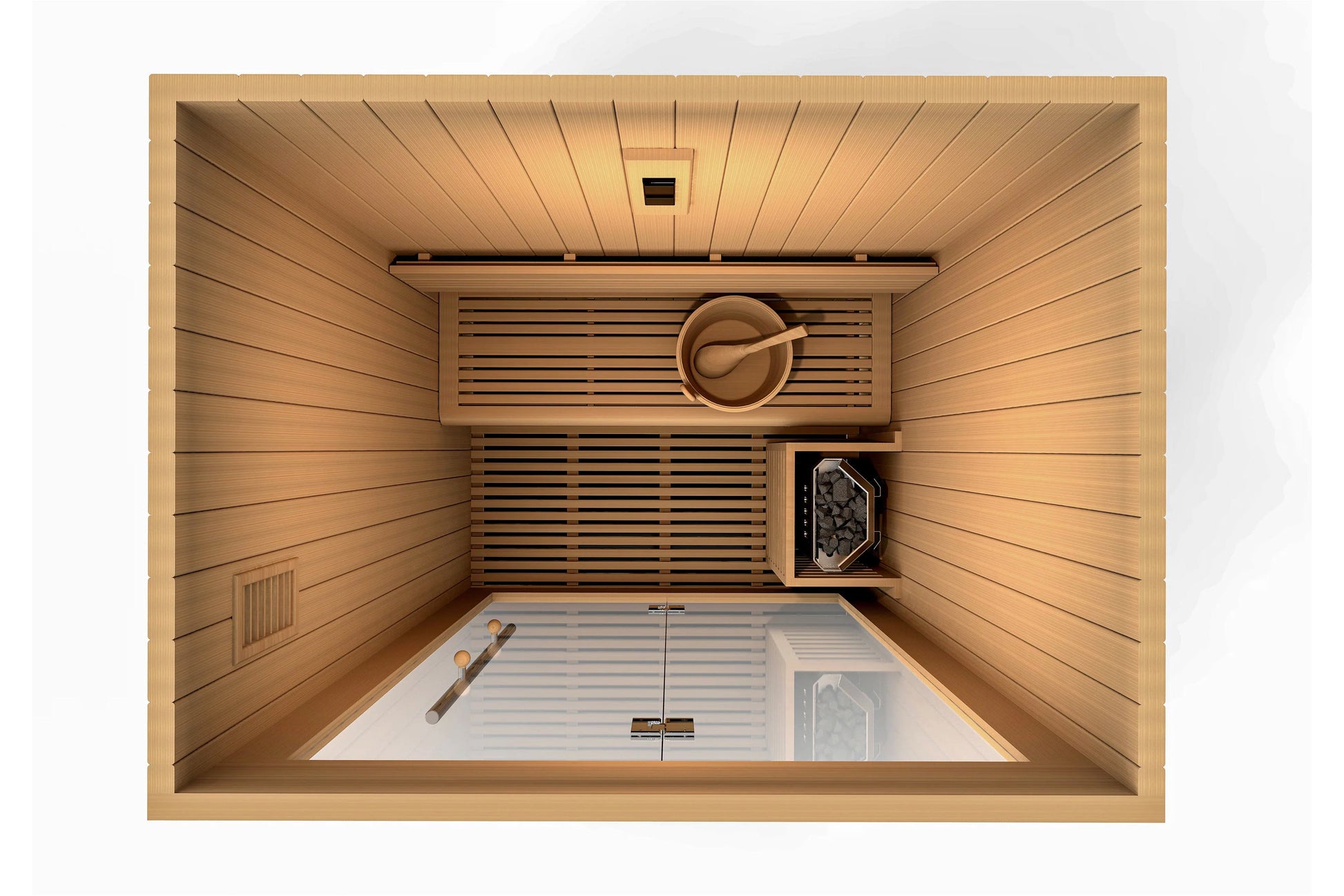 Golden Designs Sundsvall 2-person sauna interior overhead view, showing light wood paneling, bench seating, heating stove, an